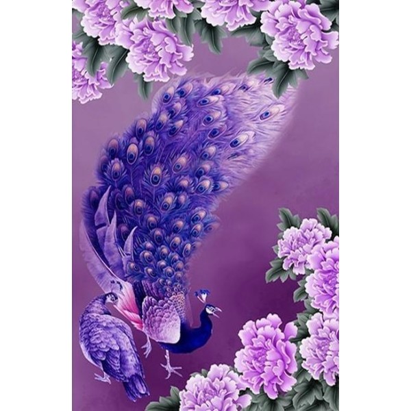 5D Kit Broderie Diamants/Diamond Painting Paons Chinois Violets Fleurs