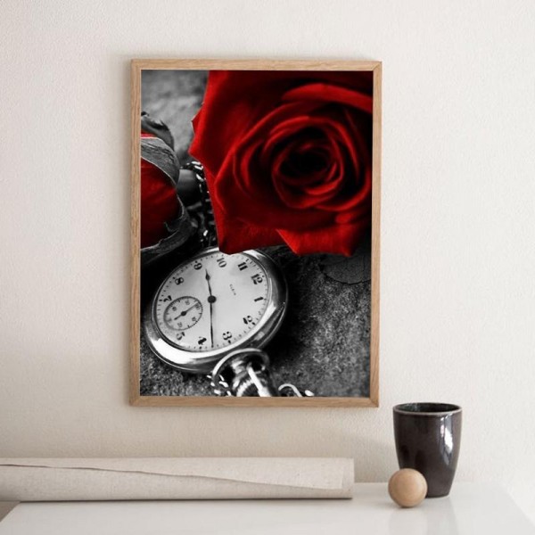 5D Kit Broderie Diamants/Diamond Painting Grosses Soldes Série De Roses Rouges Et Horloge