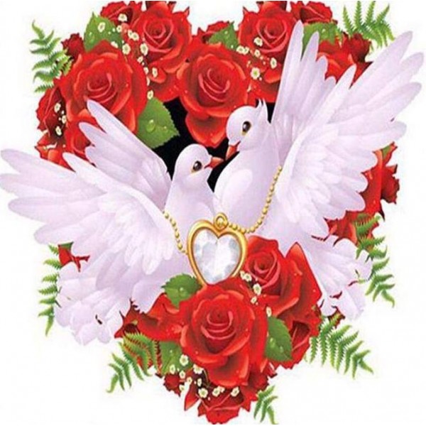 5d Kit Broderie Diamants/Diamond Painting Roses Rouges Et Pigeons Romantiques D'Amour