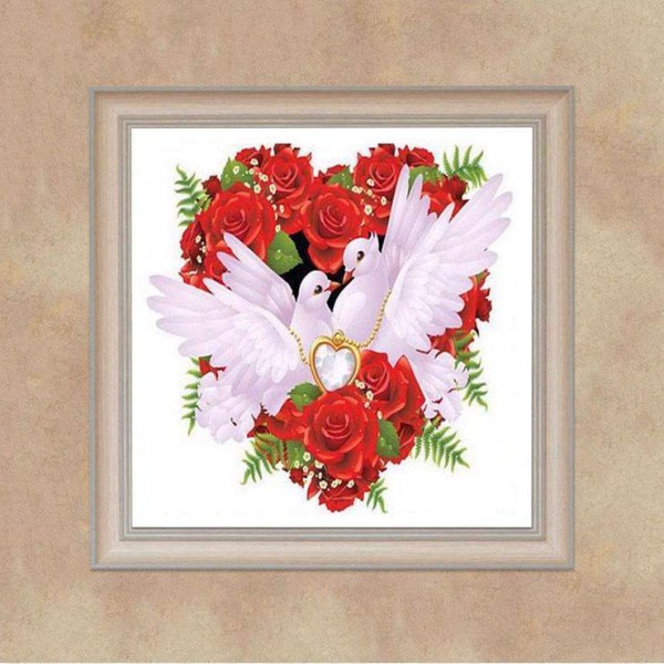 5d Kit Broderie Diamants/Diamond Painting Roses Rouges Et Pigeons Romantiques D'Amour