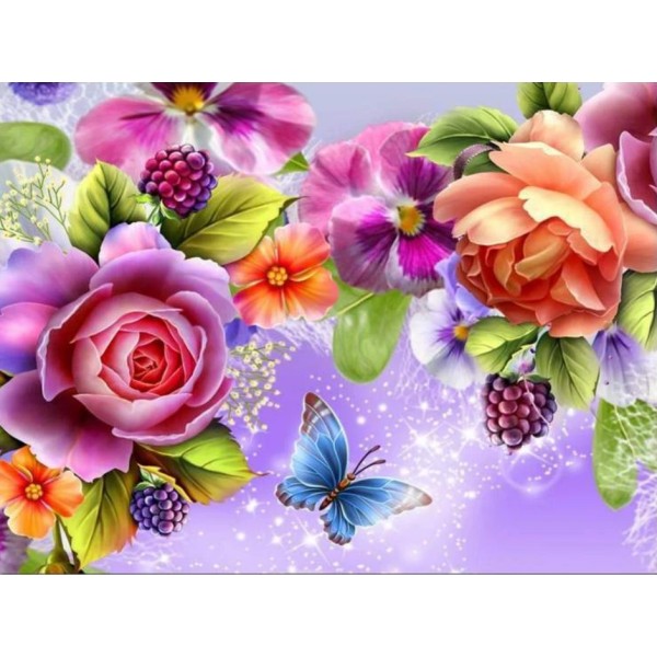 5D Kit Broderie Diamants/Diamond Painting Fleurs Colorées Et Papillon