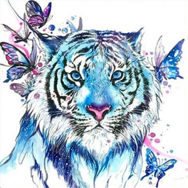5D Kit Broderie Diamants/Diamond Painting Aquarelle Tigres Et Papillons Colorés